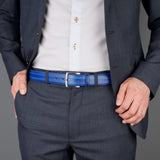 Personalized leather belt with elegant blue patina