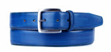 Personalized leather belt with elegant blue patina